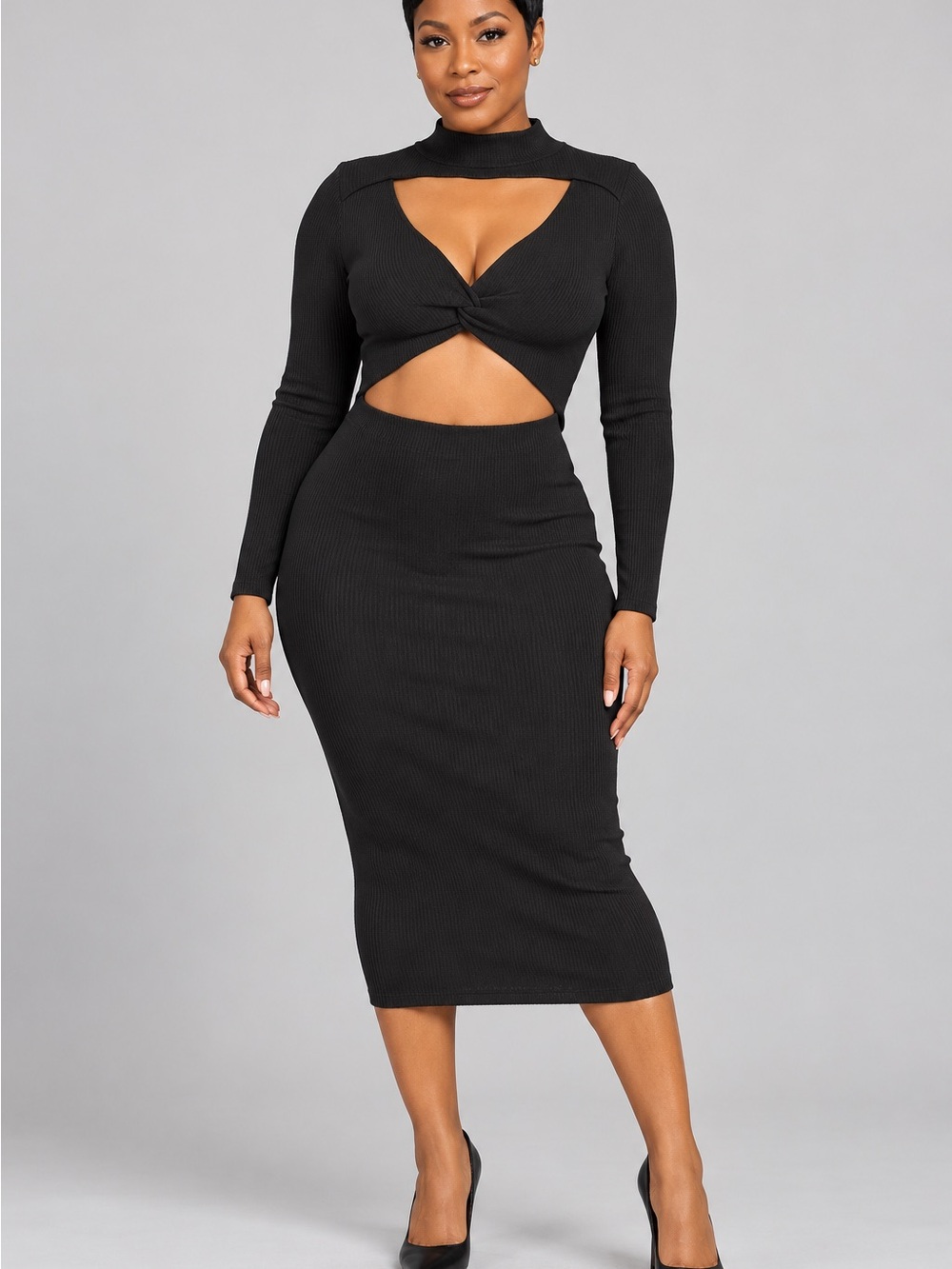 Ribbed Twist Cutout Midi Dress - Black